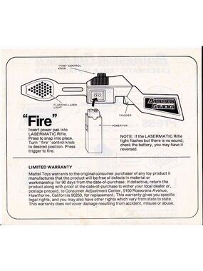 Battlestar Galactica Laser "Lasermatic" Rifle Instructions 1979 Mattel Toy Sheet